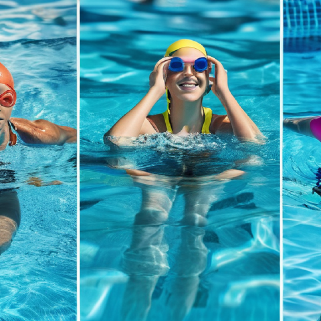 수영이 정신 건강에 미치는 효과 - Here are three detailed image prompts in English, designed to capture the mental health benefits of ...