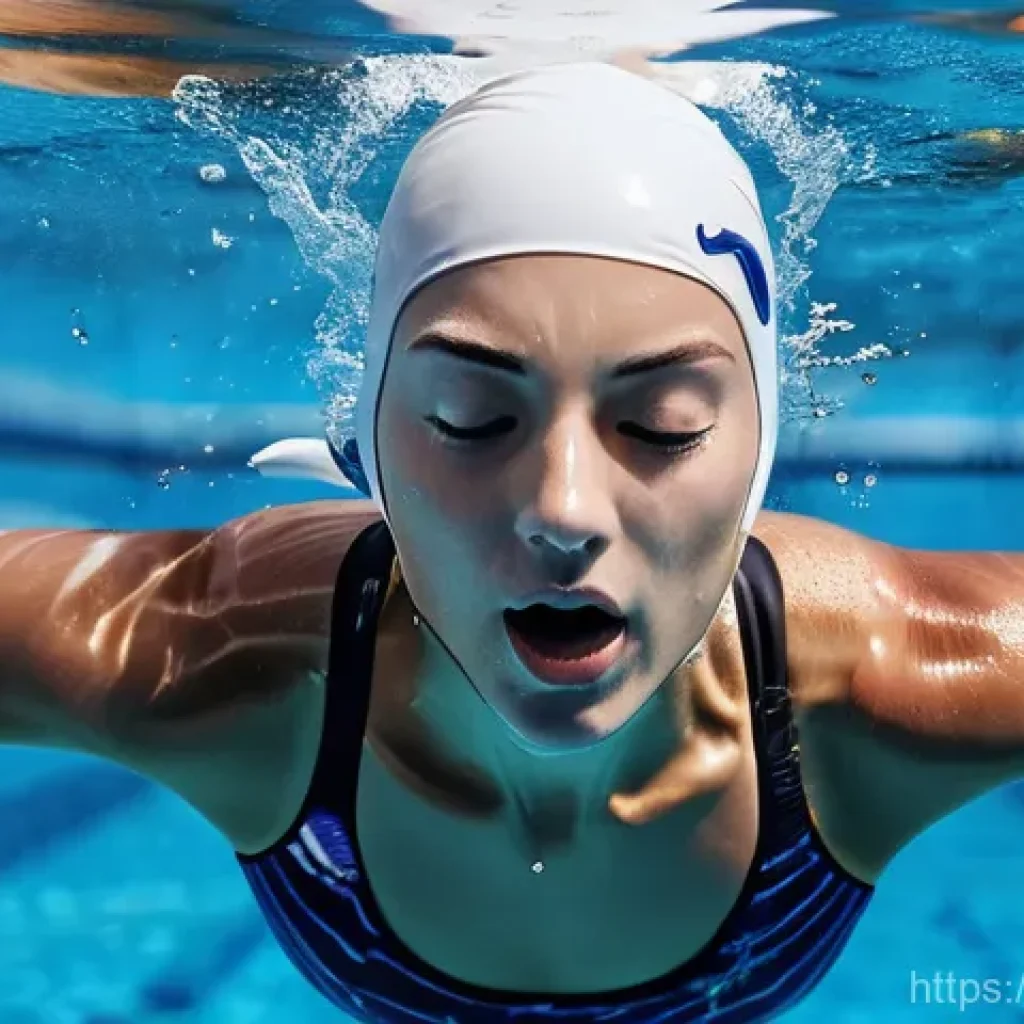 효율적인 수영 호흡법 - A dynamic full-body shot of a female swimmer in a clear blue pool, mid-stroke, performing an efficie...