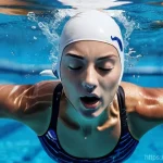 효율적인 수영 호흡법 - A dynamic full-body shot of a female swimmer in a clear blue pool, mid-stroke, performing an efficie...