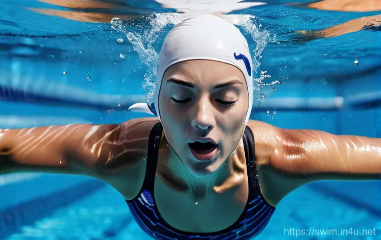 효율적인 수영 호흡법 - A dynamic full-body shot of a female swimmer in a clear blue pool, mid-stroke, performing an efficie...