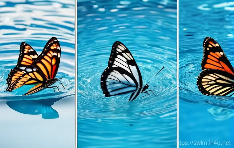 평영과 접영의 차이점 - Here are three image prompts in English, designed to showcase the differences between breaststroke a...