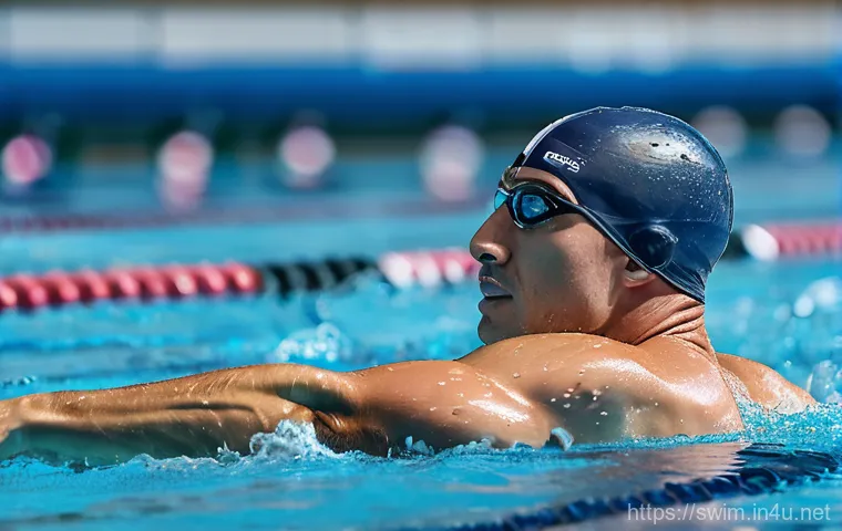 수영 속도 올리는 법 - A female swimmer glides through clear blue water in a serene swimming pool, performing a graceful an...